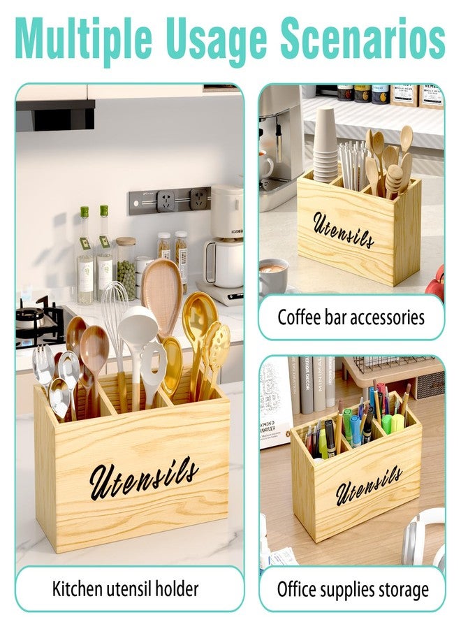 REFGY Wooden Kitchen Utensil Holder, Flatware Utensil Caddy with 3 Compartments, Utensil Caddy for Parties, Storage Organizer Box for Kitchen Counter & Silverware, Natural - Image 3